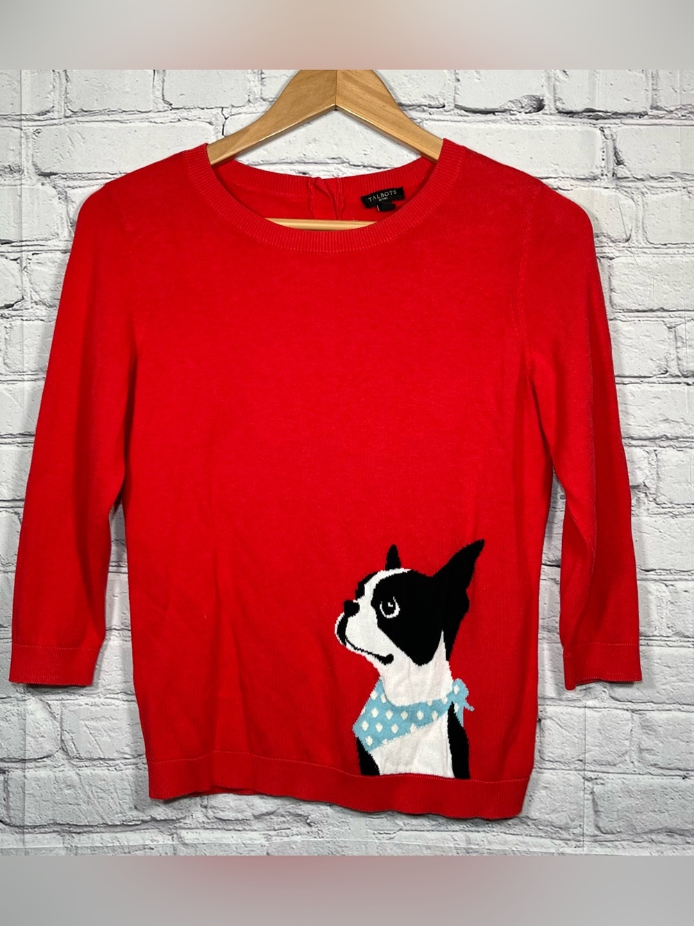 TALBOTS Boston Terrier Sweater Women’s Size Small Petite Red 3 Back Buttons